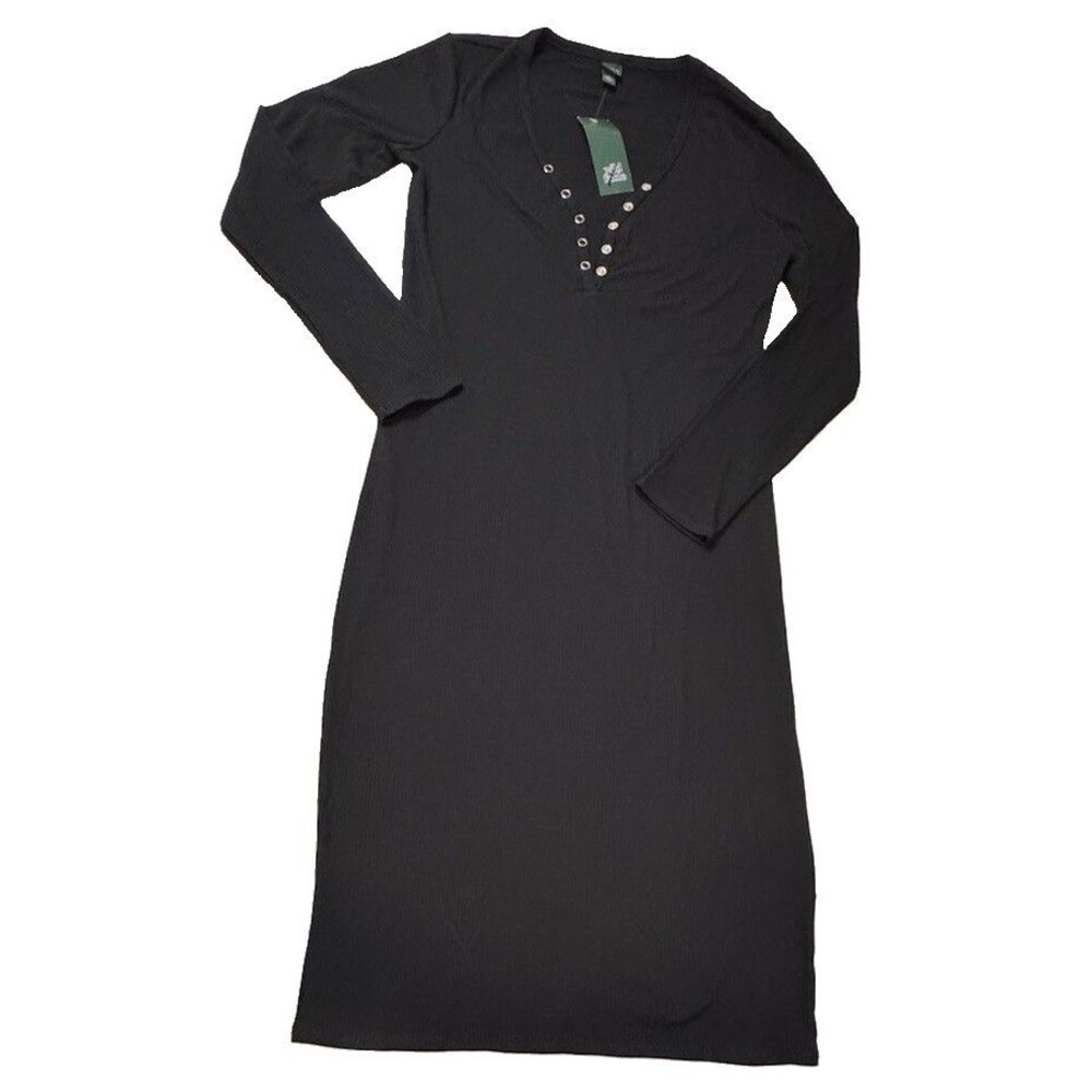 Wild Fable Long Sleeve Ribbed Henley Midi Dress Black Size Medium NWT
